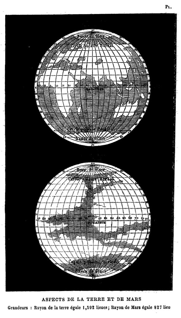 Comparative map of Earth and Mars (Flammarion 1869)