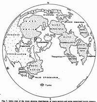 Index map of the Moon showing distribution of mare terrain and some associated major craters