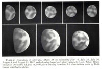 Planisphere of Mercury, summarizing the spots observed on 10 composite photographs obtained in 1942 and 1944.