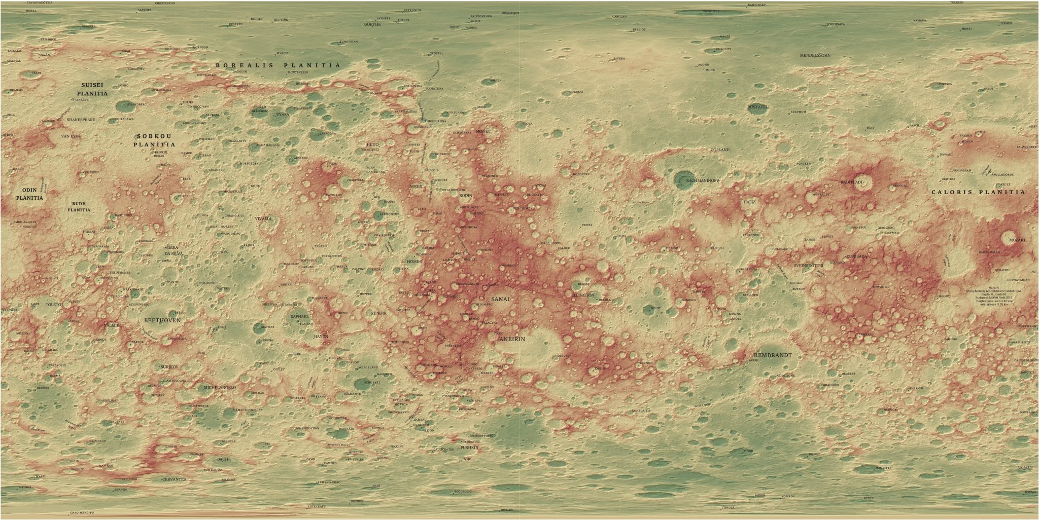 Topographic map of Mercury with names – Digital Museum of Planetary Mapping