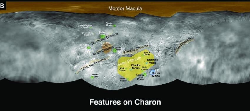 Maps with informal feature names used on Charon (geomorphological regions)