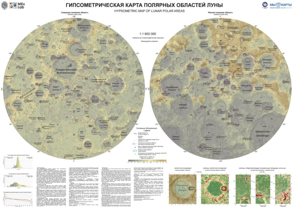 Гипсометрическая карта полярных областей Луны