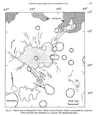 Sketch map in Margaritifer Terra. Basin at end of Ladon Vallis is surrounded by numerous valley networks that terminate in a smooth, flat depositional plain.