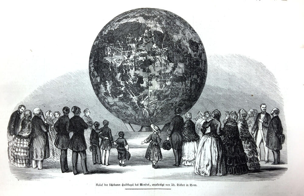 Relief der sichtbaren Halbkugel des Mondes, angefertigt von Th. Dickert in Bonn.
