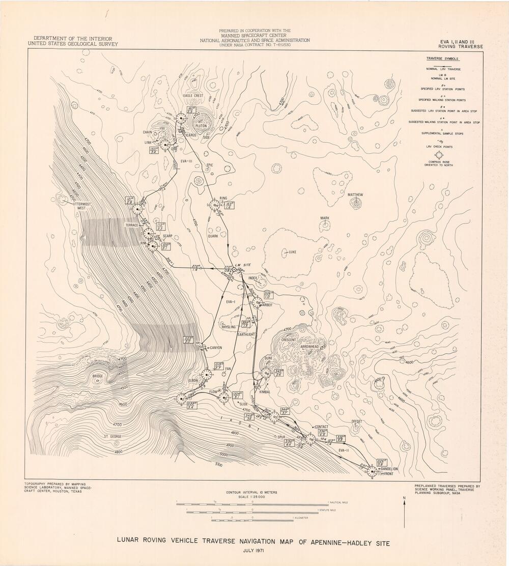 Lunar Roving Vehicle Traverse Navigation Map of Apennine-Hadley Site