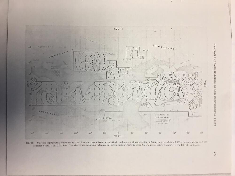 Martian topographic contours at 1km intervals made from a statistical combination of range-gated radar data, ground-based CO2 measurements, and the Mariner 6 and 7 IR CO2 data.