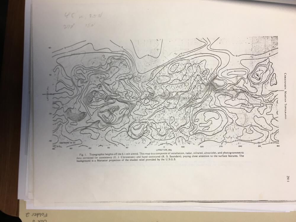 Topographic heights off the 6.1 mb areoid. This map is a composite of occultation, radar, infrared, ultravioler, and photogrammetric data corrected for consistency (EJ Christensen) and hand contoured (RS Saunders), paying close attention to surface features