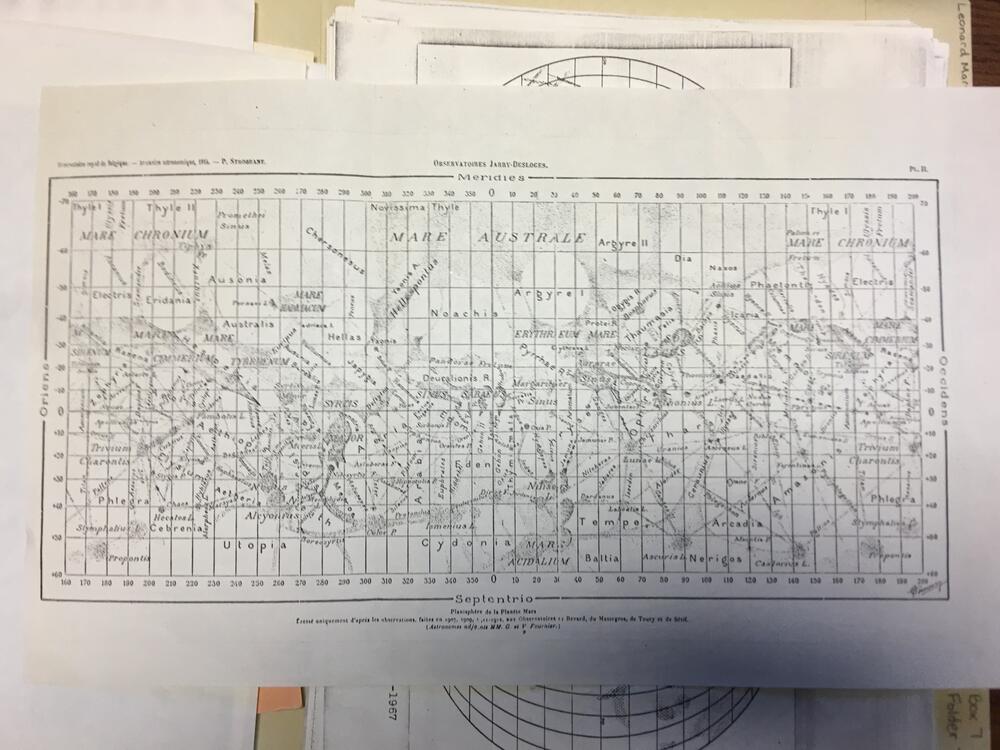 Planisphere de la Planete Mars. Dressé par M. Georges Fournier, d'apres les observations faites en 1907, 1909, 1911-1912, aux Observatoires Jarry-Desloges, du Revard, du Massegros, de Toury et de Sétif. Astronomes adjoints, MM. G. et V. Fournier