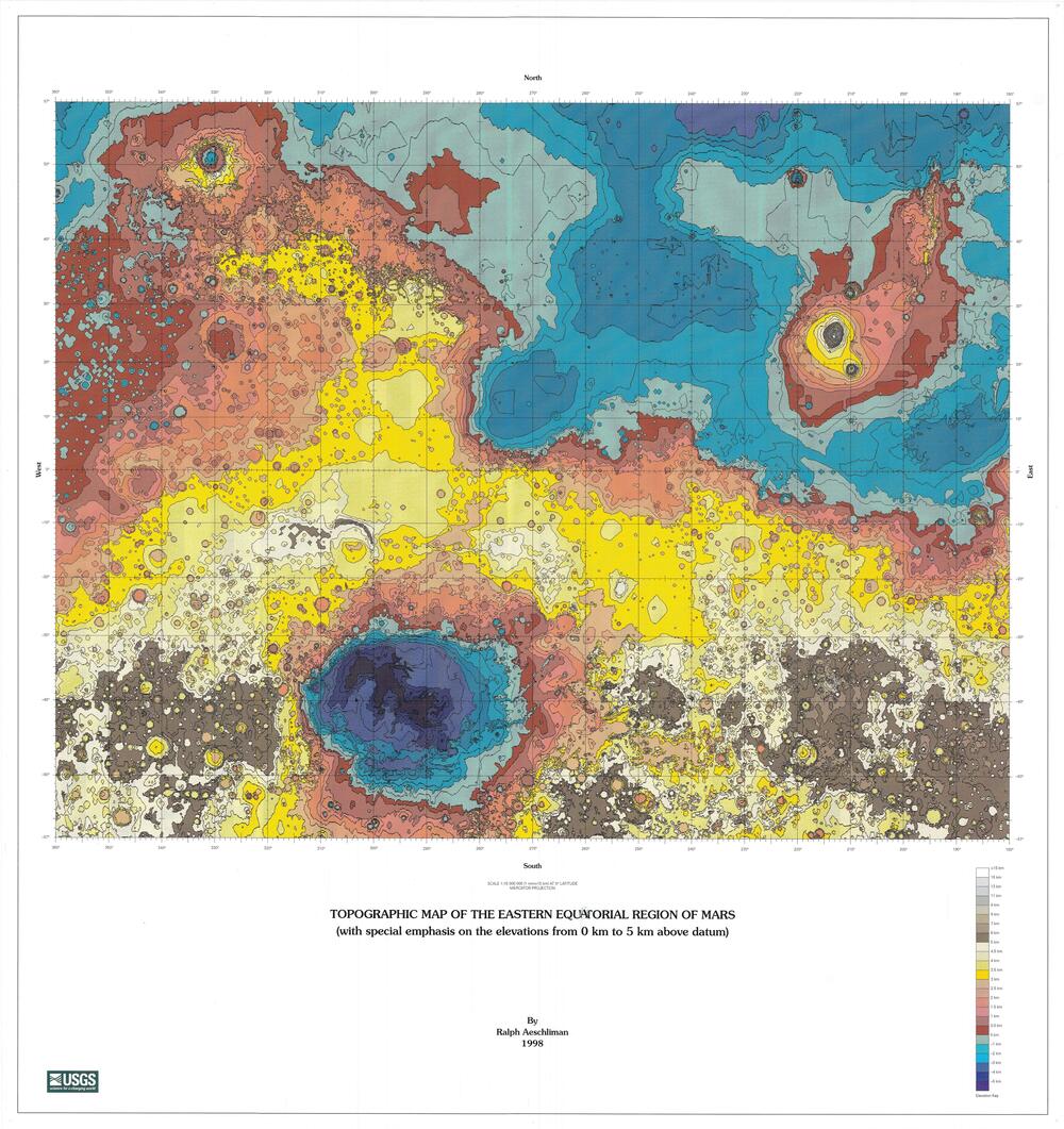 Topographic map of the Eastern Equatorial region of Mars (with special emphasis on the elevations from 0 to 5 km above-datum)