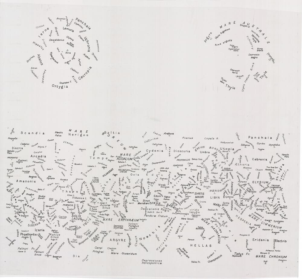 Mars albedo map nomenclature overlays (only pre-topography names) - perhaps for preliminary geologic terrain map of mars