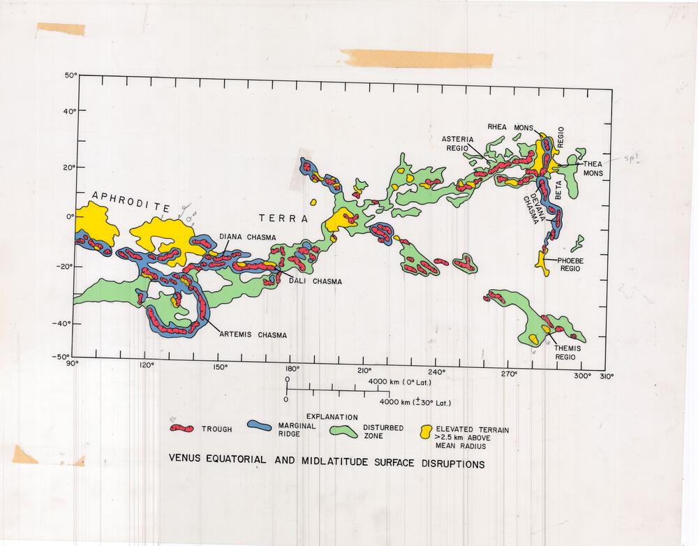 Venus equatorial and midlatitude surface disruptions