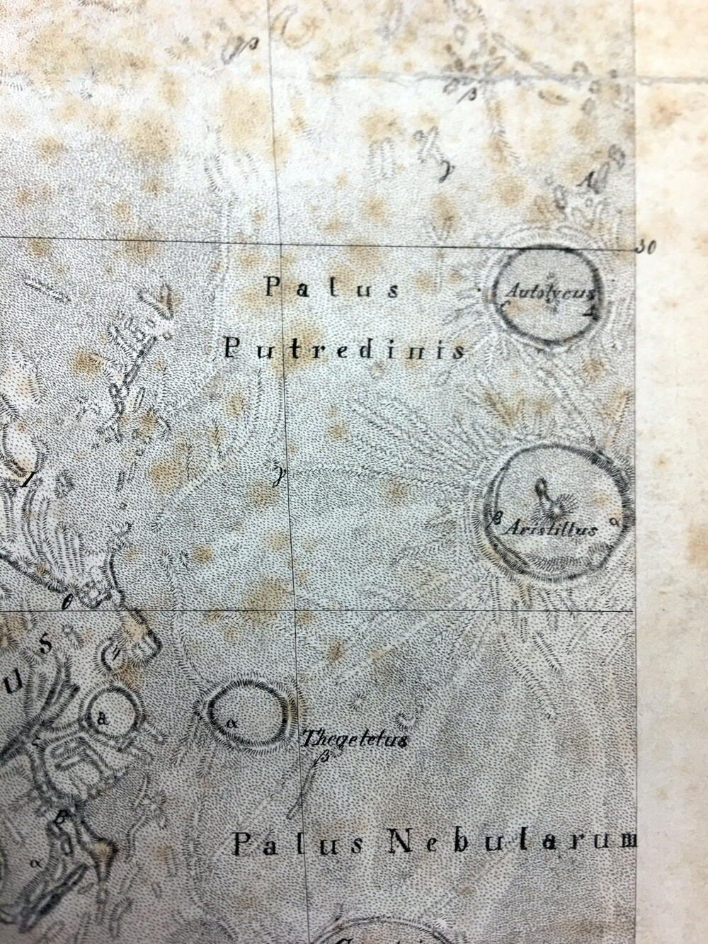 Mappa Selenographica totam Lunae hemisphaeram risibilem complectons chorratinibus propriis secundum projectionem othographicam quatuor Sectionibus constructa et delineata Suae Majestati Friderico Sexto regi daniae illustrissimo .... Guilelmo Beer et Joanne Henrico Mädler Ediio Genuina Berolini MDCCCXXXIV Ex autographico in lapudem inciduit Carolus Vogel Apud Simon Schropp et Soc