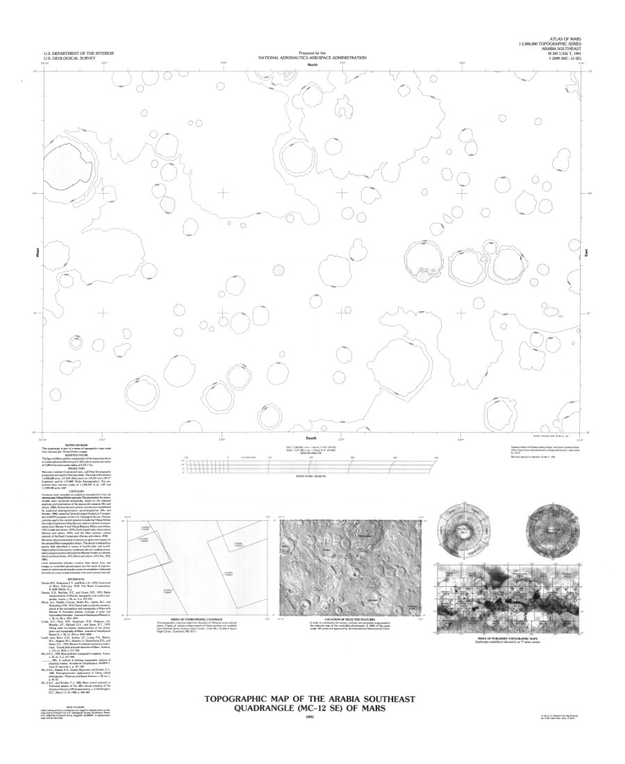 Topographic Map of the Arabia Southeast Quadrangle (MC-12 SE) of Mars