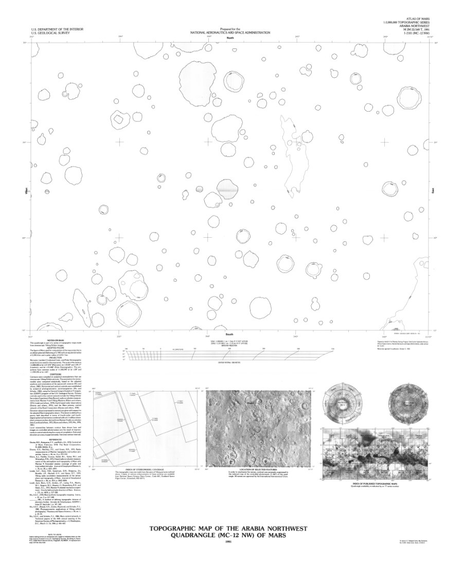 Topographic Map of the Arabia Northwest Quadrangle (MC-12 NW) of Mars