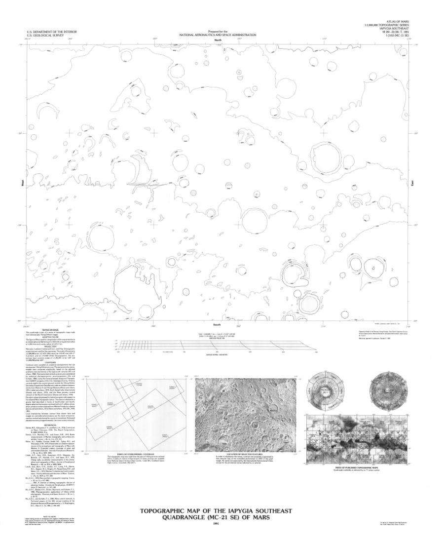 Topographic Map of the Iapygia Southeast Quadrangle (MC-21 SE) of Mars