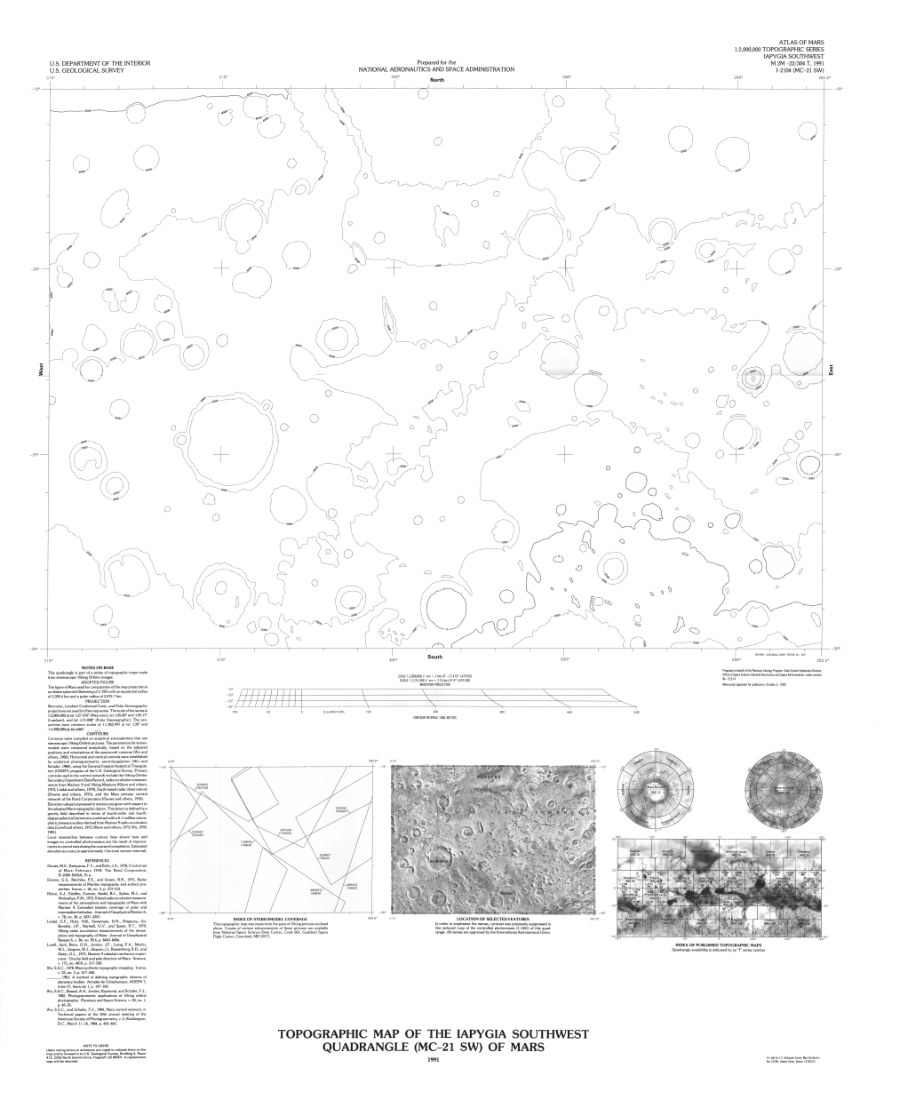 Topographic Map of the Iapygia Southwest Quadrangle (MC-21 SW) of Mars