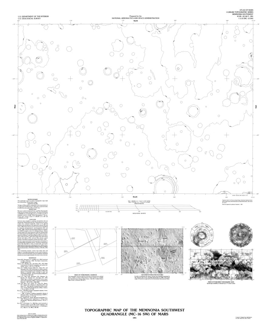Topographic Map of the Memnonia Southwest Quadrangle (MC-16 SW) of Mars