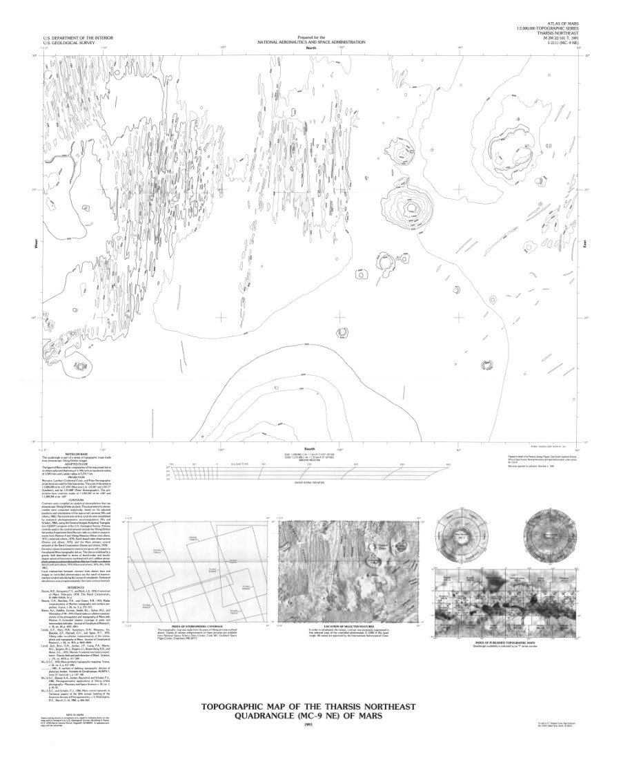 Topographic Map of the Tharsis Northeast Quadrangle (MC-9 NE) of Mars