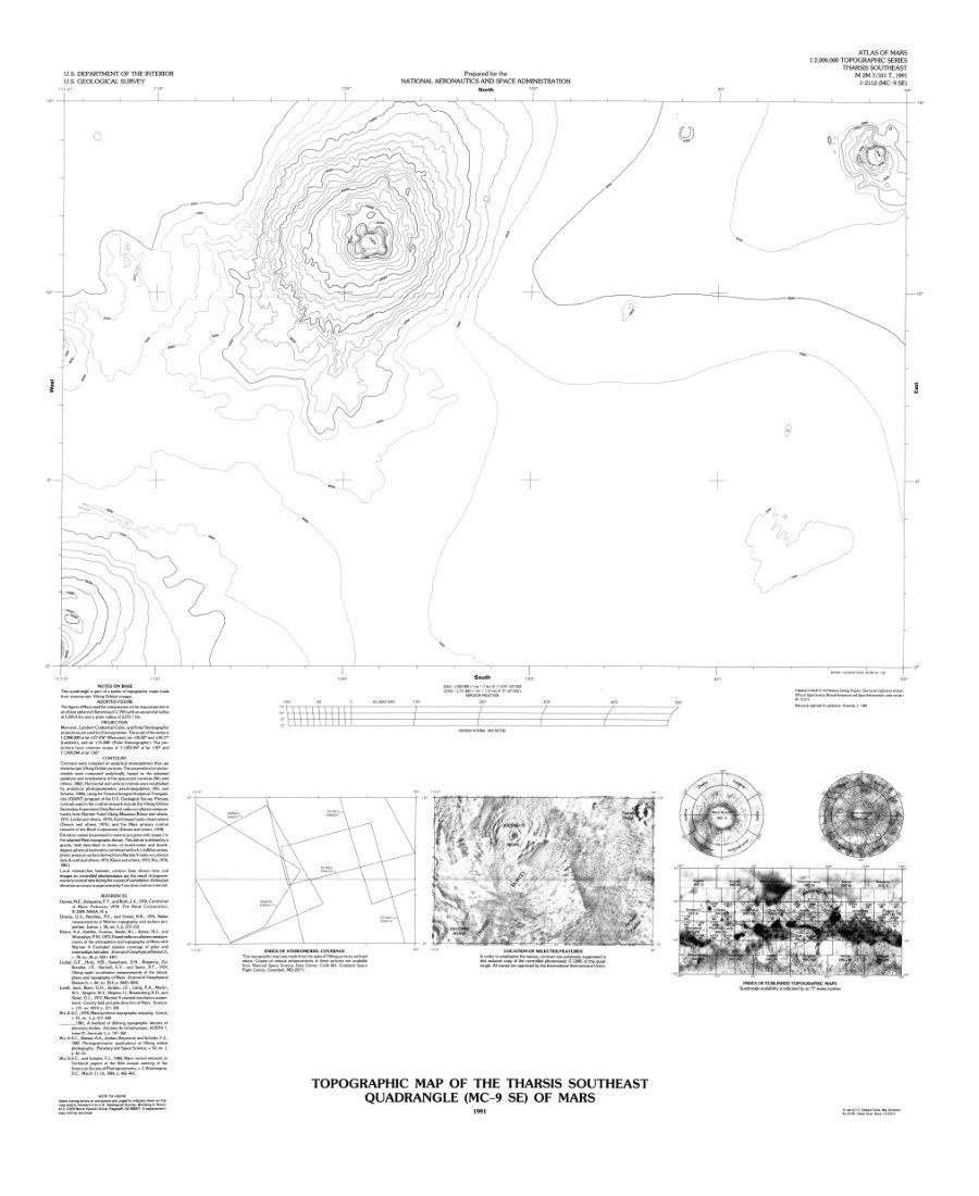 Topographic Map of the Tharsis Southeast Quadrangle (MC-9 SE) of Mars