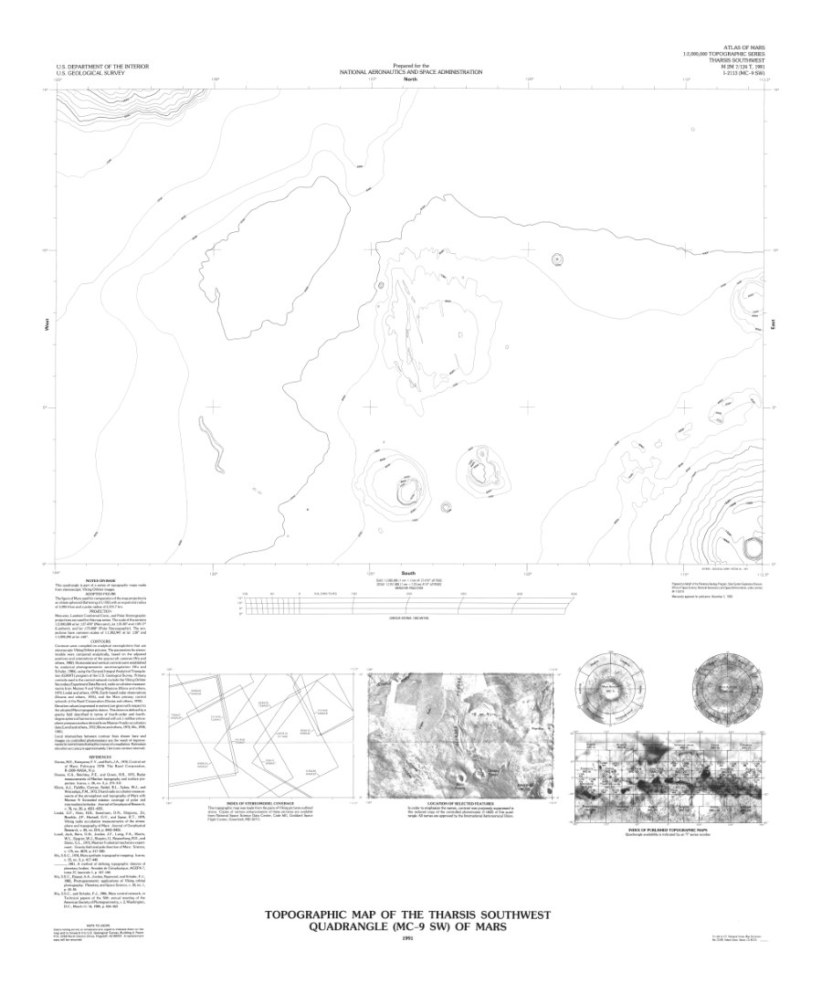 Topographic Map of the Tharsis Southwest Quadrangle (MC-9 SW) of Mars