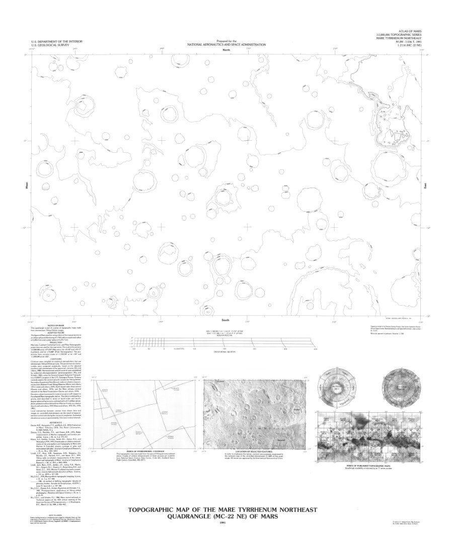 Topographic Map of the Mare Tyrrhenum Northeast Quadrangle (MC-22 NE) of Mars