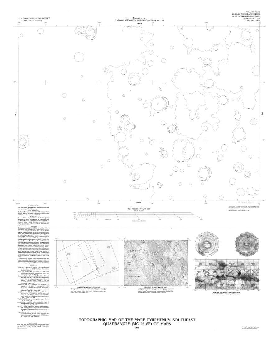 Topographic Map of the Mare Tyrrhenum Southeast Quadrangle (MC-22 NE) of Mars