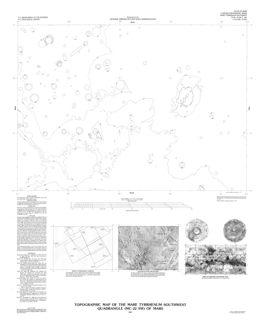 Topographic Map of the Mare Tyrrhenum Southwest Quadrangle (MC-22 SW) of Mars