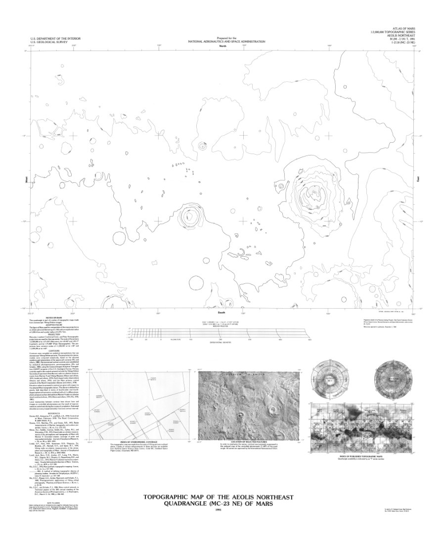 Topographic Map of the Aeolis Northeast Quadrangle (MC-23 NE) of Mars