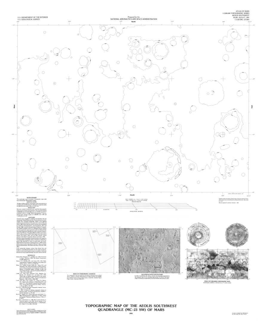 Topographic Map of the Aeolis Southwest Quadrangle (MC-23 SW) of Mars
