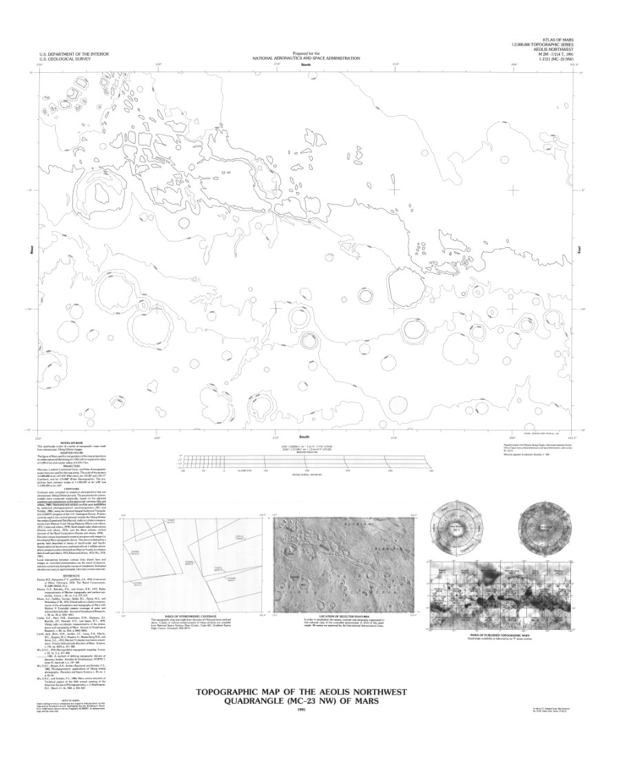 Topographic Map of the Aeolis Northwest Quadrangle (MC-23 NW) of Mars