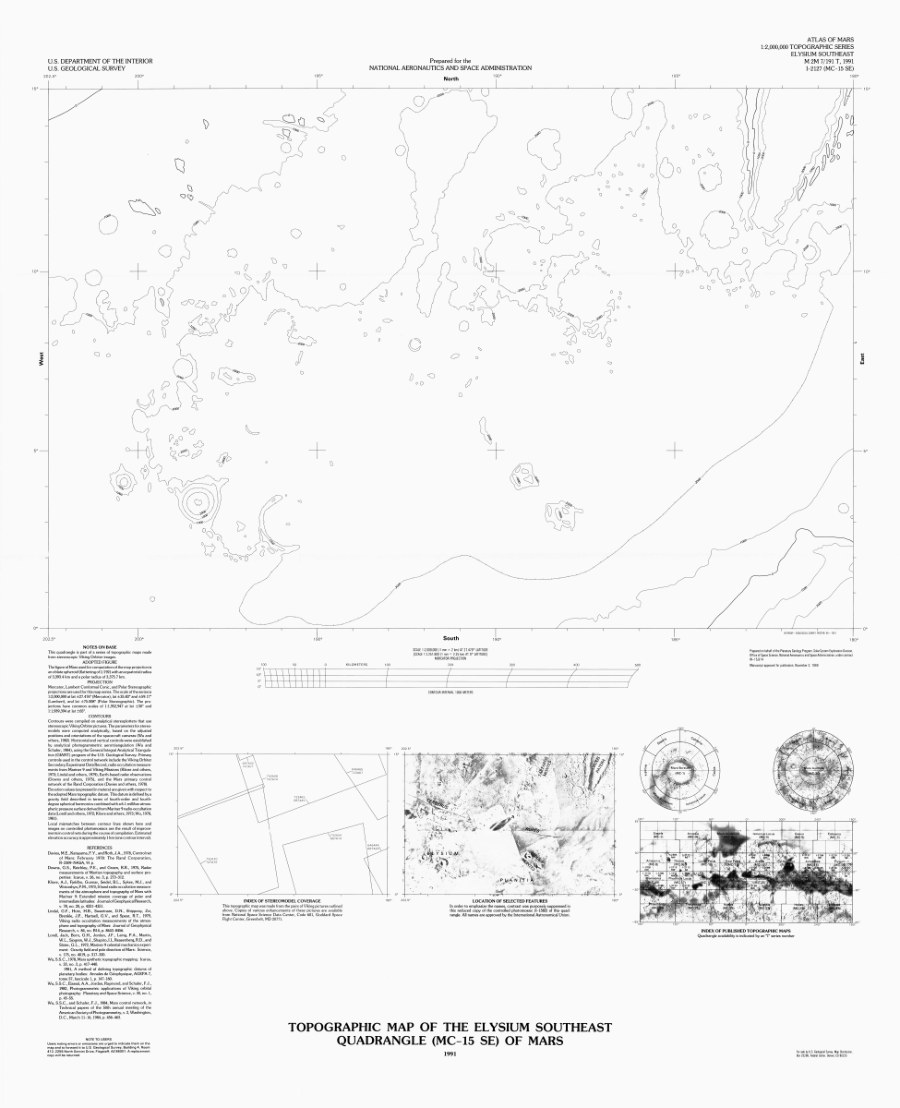 Topographic Map of the Elysium Southeast Quadrangle (MC-15 SE) of Mars