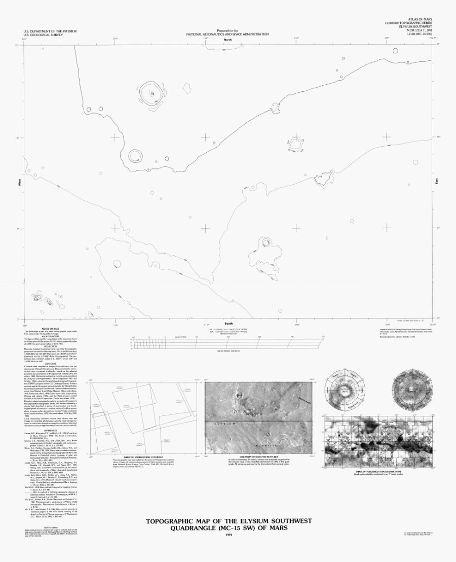Topographic Map of the Elysium Southwest Quadrangle (MC-15 SW) of Mars