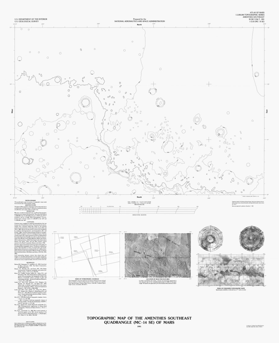 Topographic Map of the Amenthes Southeast Quadrangle (MC-14 SE) of Mars