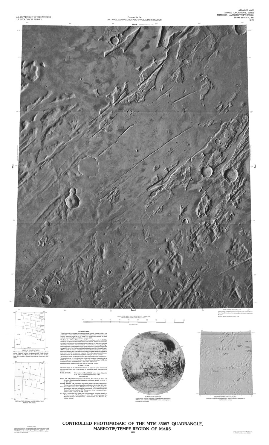 Controlled Photomosaic of the MTM 35087 Quadrangle, Mareotis/Tempe Region of Mars