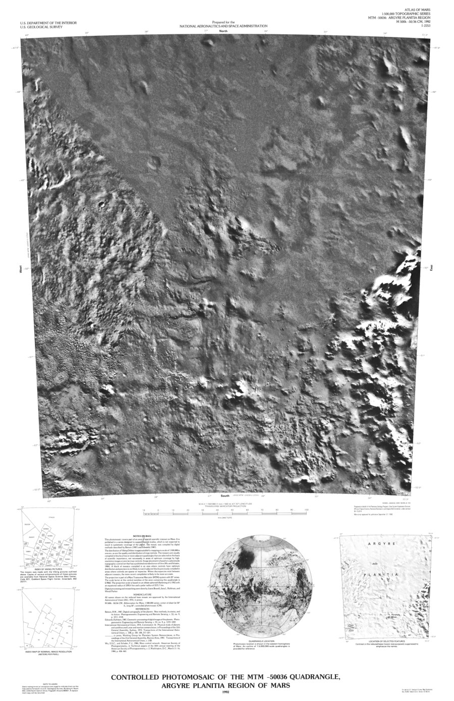 Controlled Photomosaic of the MTM -50036 Quadrangle, Argyre Planitia Region of Mars