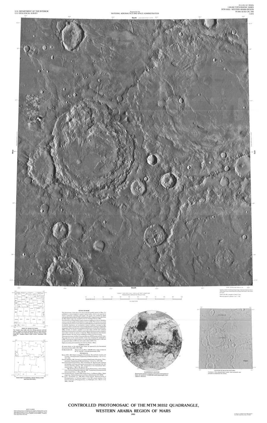Controlled Photomosaic of the MTM 30352 Quadrangle, Western Arabia Region of Mars
