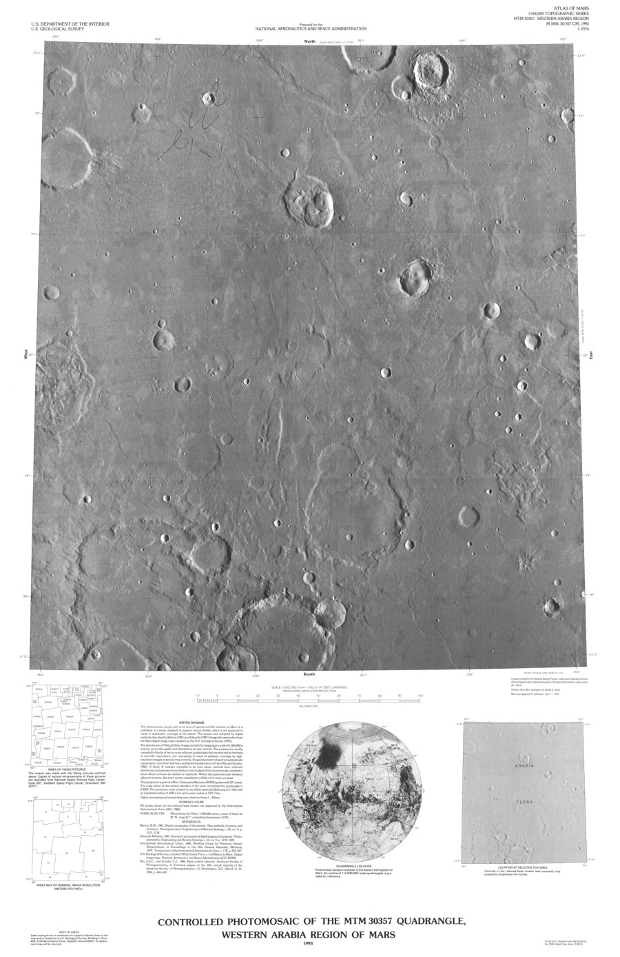 Controlled Photomosaic of the MTM 30357 Quadrangle, Western Arabia Region of Mars