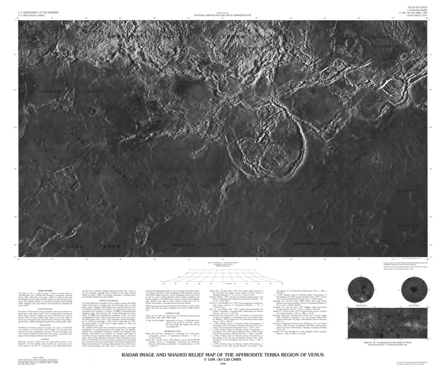 Altimetric radar image map of the Aphrodite Planitia Region of Venus (on envelope); Altimetric radar image map of the Aphrodite Terra Region of Venus (on sheet)