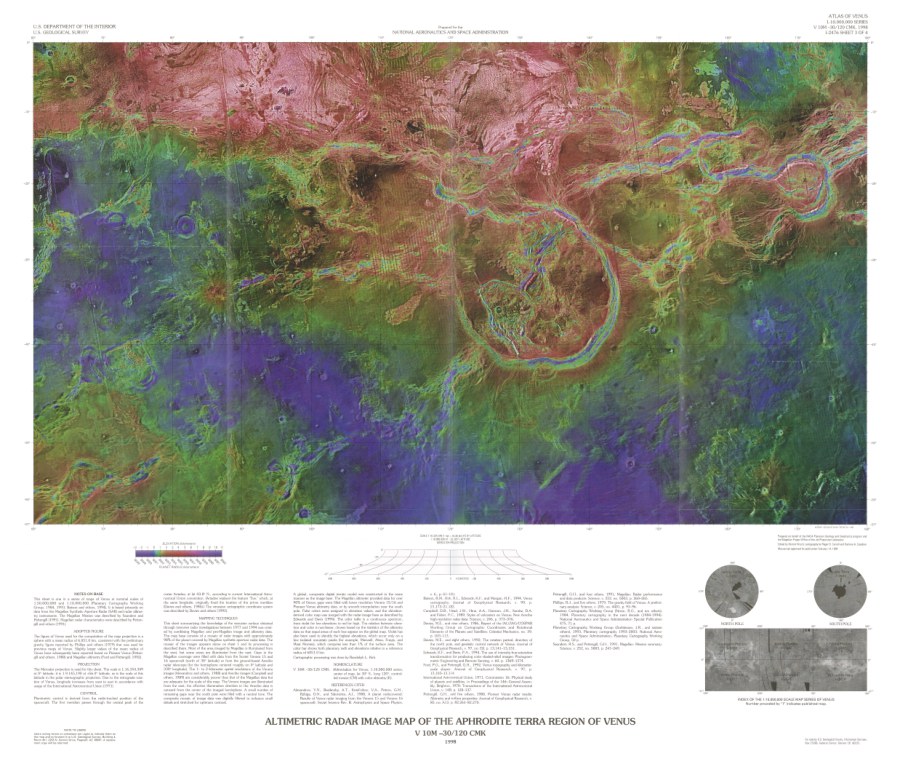 Altimetric radar image map of the Aphrodite Planitia Region of Venus (on envelope); Altimetric radar image map of the Aphrodite Terra Region of Venus (on sheet)