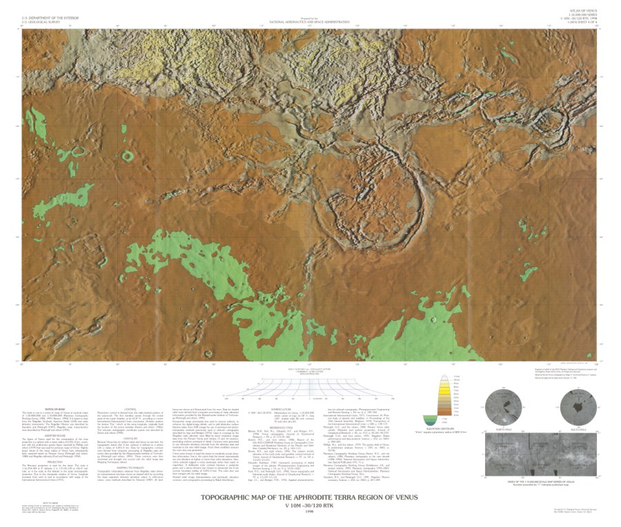 Altimetric radar image map of the Aphrodite Planitia Region of Venus (on envelope); Altimetric radar image map of the Aphrodite Terra Region of Venus (on sheet)