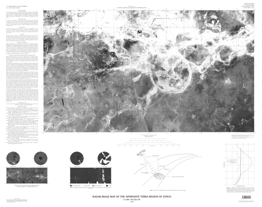 Altimetric radar image map of the Aphrodite Planitia Region of Venus (on envelope); Altimetric radar image map of the Aphrodite Terra Region of Venus (on sheet)