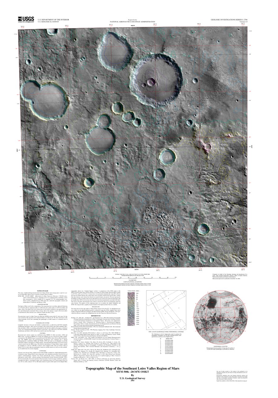 Topographic map of the Southeast Loire Valles region of Mars MTM 500k -20/347E OMKT