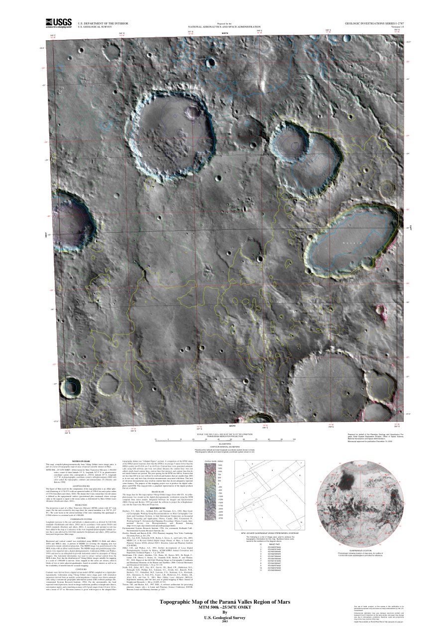 Topographic map of the Parana Valles region of Mars MTM 500k -25/337E OMKT