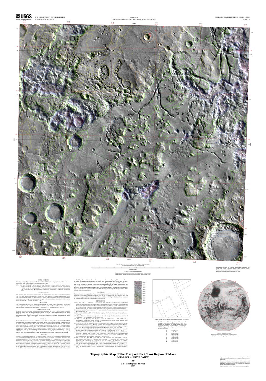 Topographic map of the Margaritifer Chaos region of Mars, MTM 500K, 10/337E OMTK