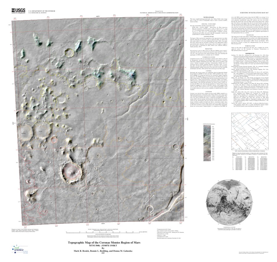 Topographic Map of the Coronae Montes Region of Mars—MTM 500k -35/087E OMKTT
