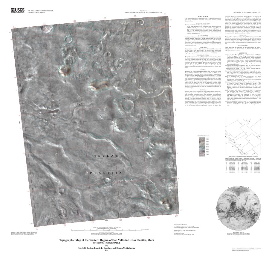 Topographic Map of the Western Region of Dao Vallis in Hellas Planitia, Mars; MTM 500k -40/082E OMKT